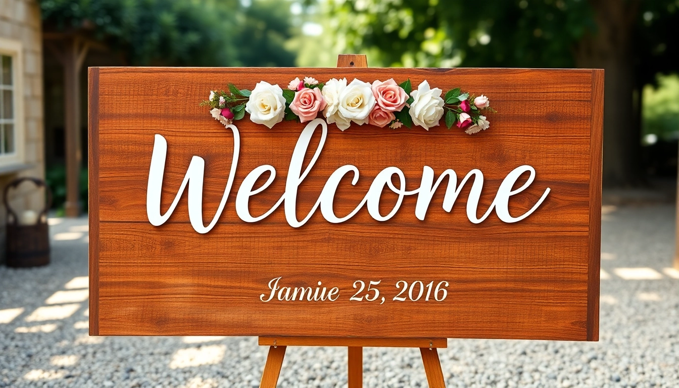 Beautiful wedding welcome sign with personalized calligraphy on wood, perfect for reception decor and guest greeting.