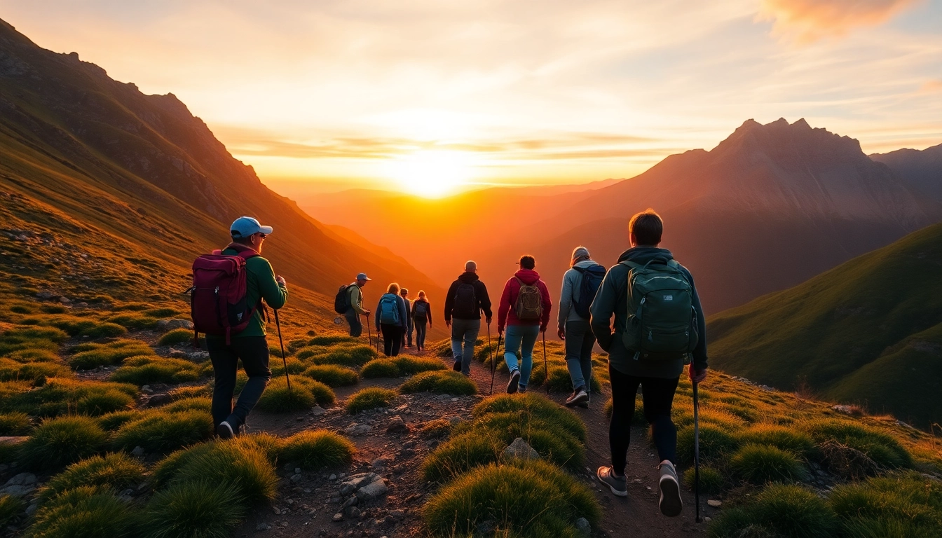 Hiking adventure in lush mountains with hikers exploring scenic trails, capturing nature’s beauty and outdoor activity.