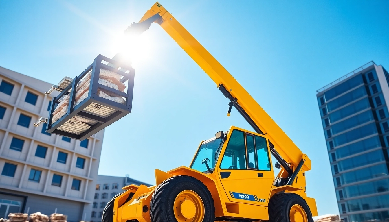 Affordable Telehandler rental showcased with a robust telescopic forklift working on a busy construction site, highlighting versatility and reliability for heavy lifting tasks.