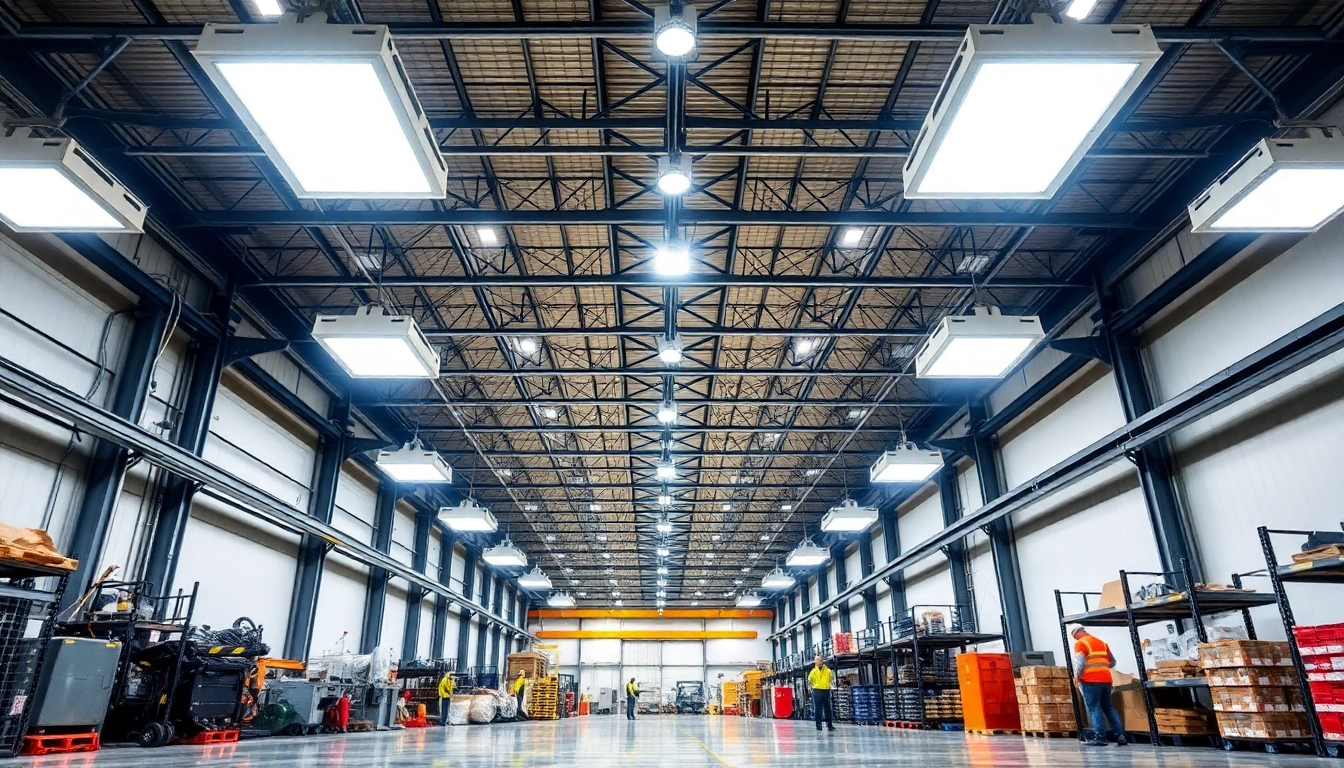 Moderne Industriehalle mit LED-Beleuchtung und sichtbaren Maschinen