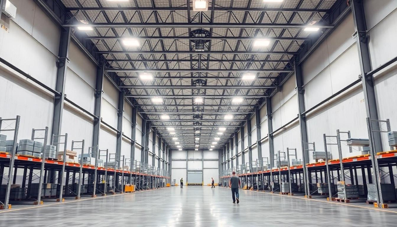 Große Industriehalle mit moderner LED-Beleuchtung