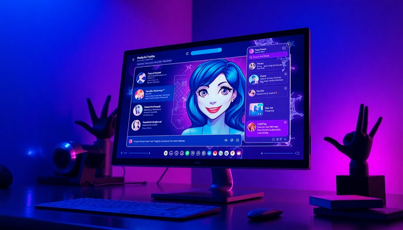 An illustration of a futuristic AI chat setup with colorful, expressive characters and neon lighting in a cyberpunk-inspired room.