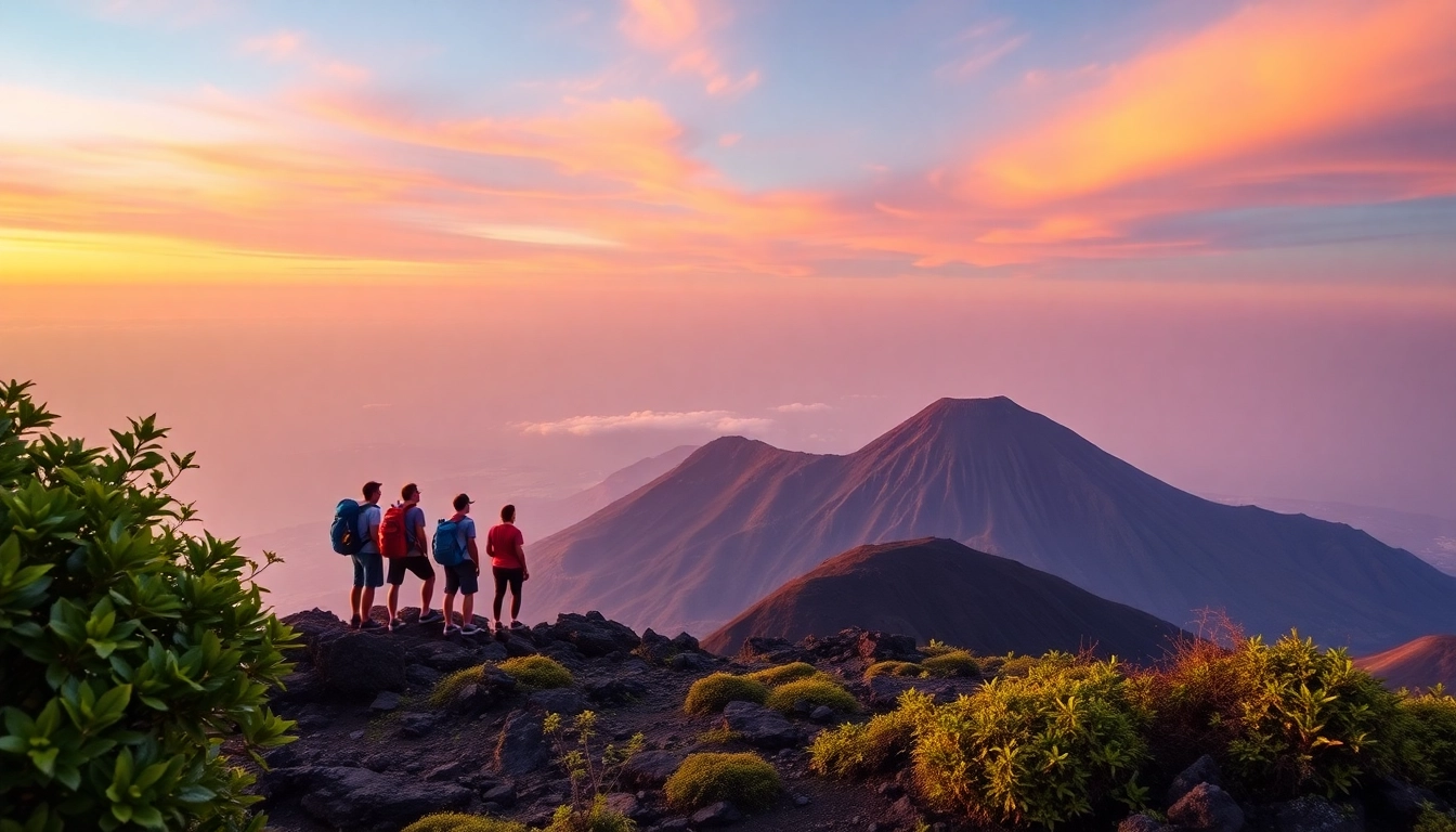 Hikers at sunrise on Mount Rinjani's crater rim with vibrant sky and lush landscape