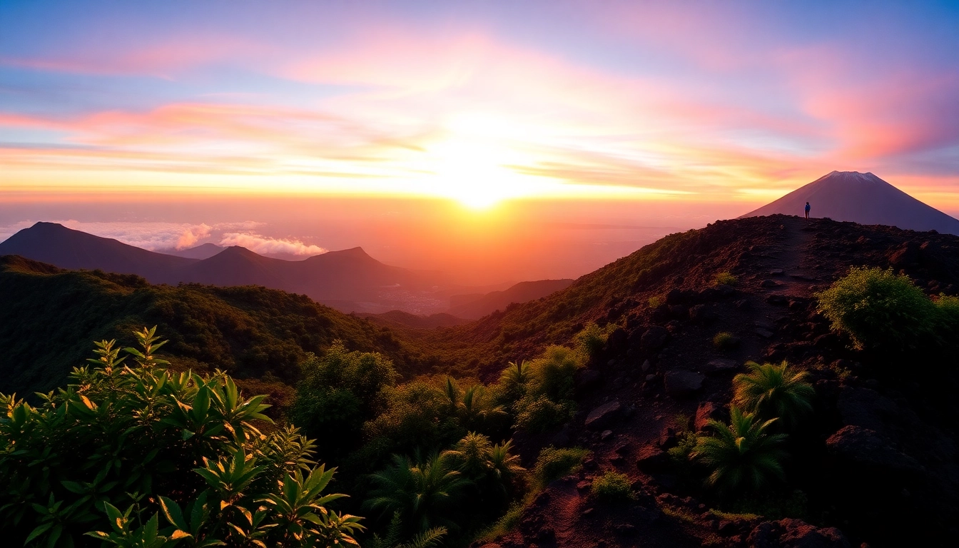 A breathtaking sunrise view of Mount Rinjani with hikers on the trail and lush greenery in the foreground.