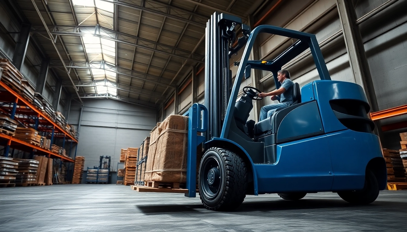 Efficient forklift rental services showcasing a forklift operating in a busy warehouse setting, highlighting ease of handling heavy loads.