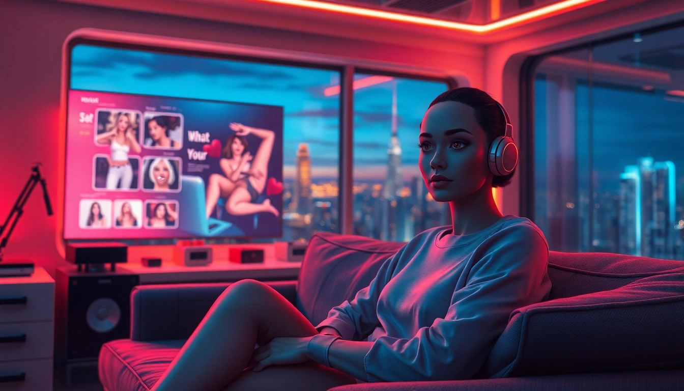 Futuristic AI character engaging in a visual NSFW chat in a modern, neon-lit room.