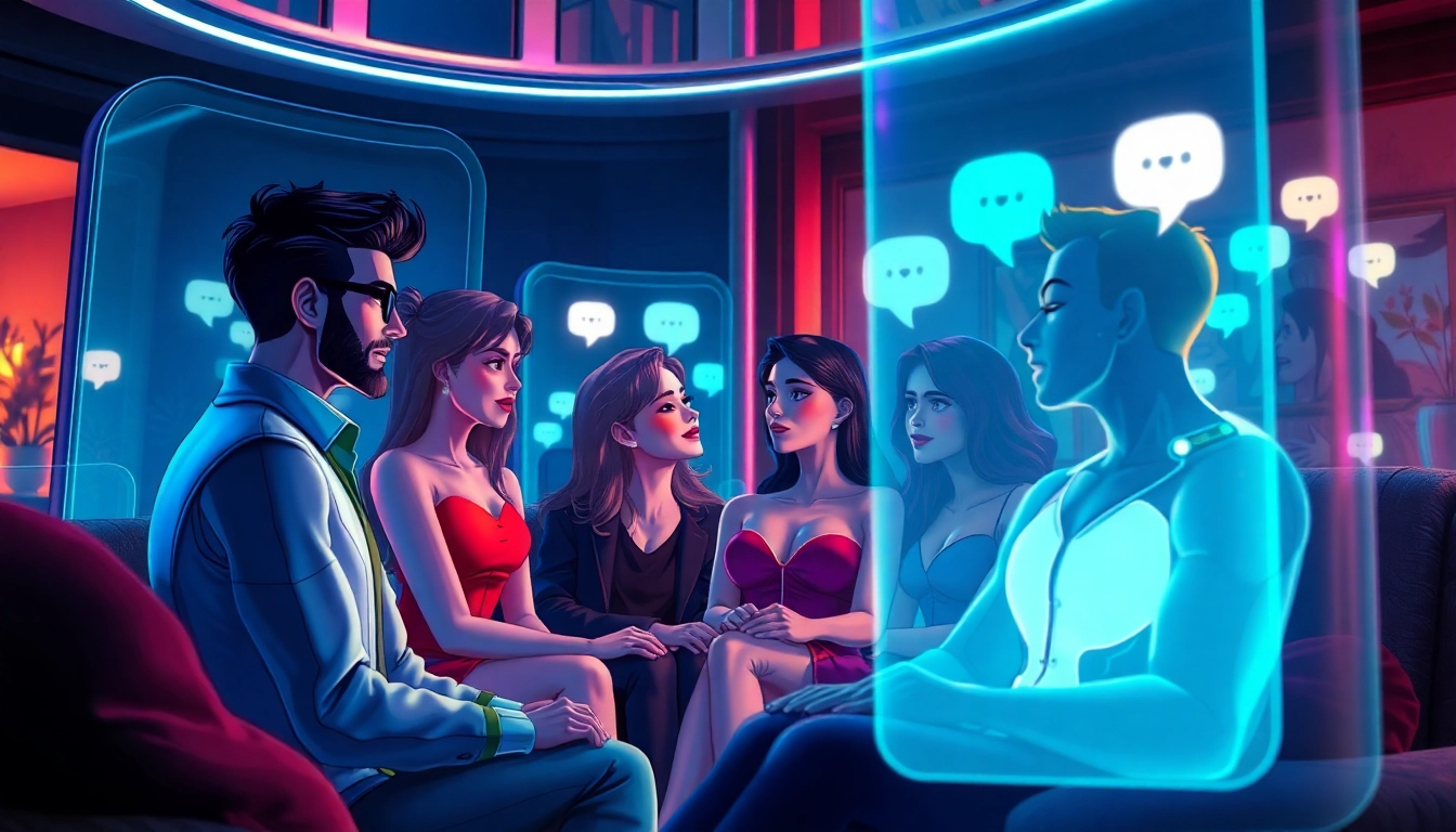 An immersive digital scene showing AI characters engaging in intimate chat within a modern, softly lit room, with holographic displays and expressive details.