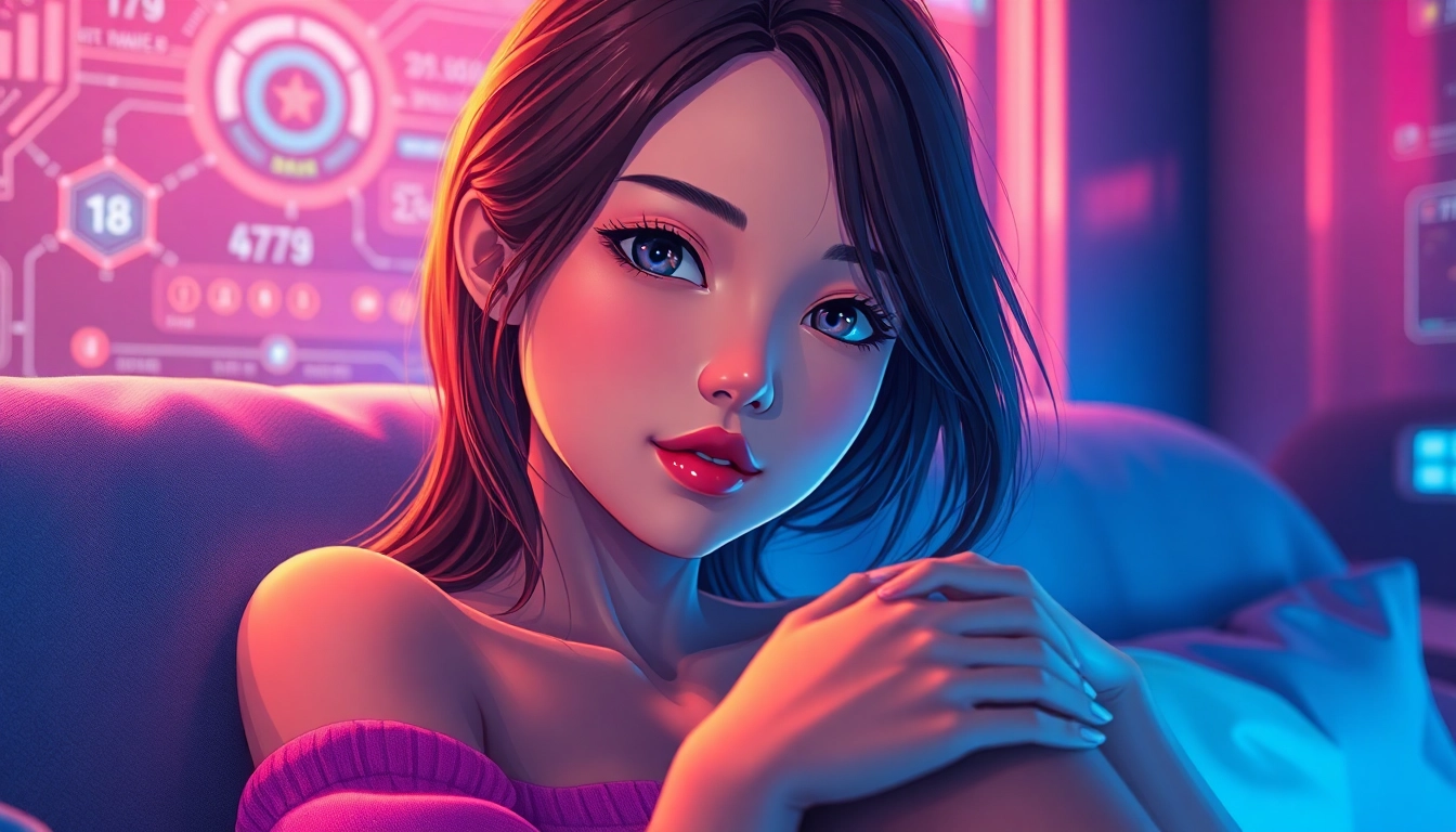 A realistic digital art of an AI girlfriend in a modern setting with vibrant lighting and detailed textures