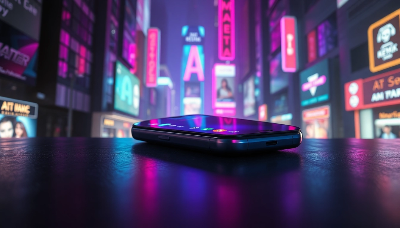 A futuristic smartphone displaying an AI sexting app interface in a cyberpunk cityscape at night.