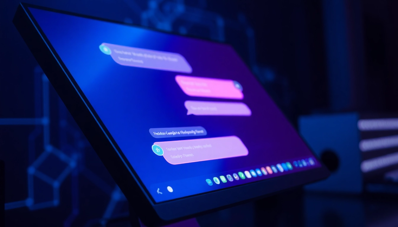 Close-up of a futuristic AI chat interface with neon-colored text on a sleek monitor in a dark, tech-inspired setting.
