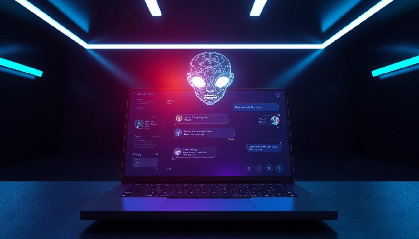 Futuristic AI chatbot interface with holographic character in a high-tech setting