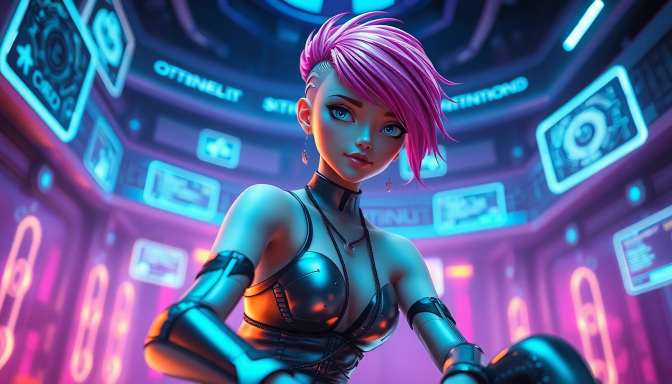 Futuristic humanoid AI character in a neon-lit high-tech environment with holographic interfaces