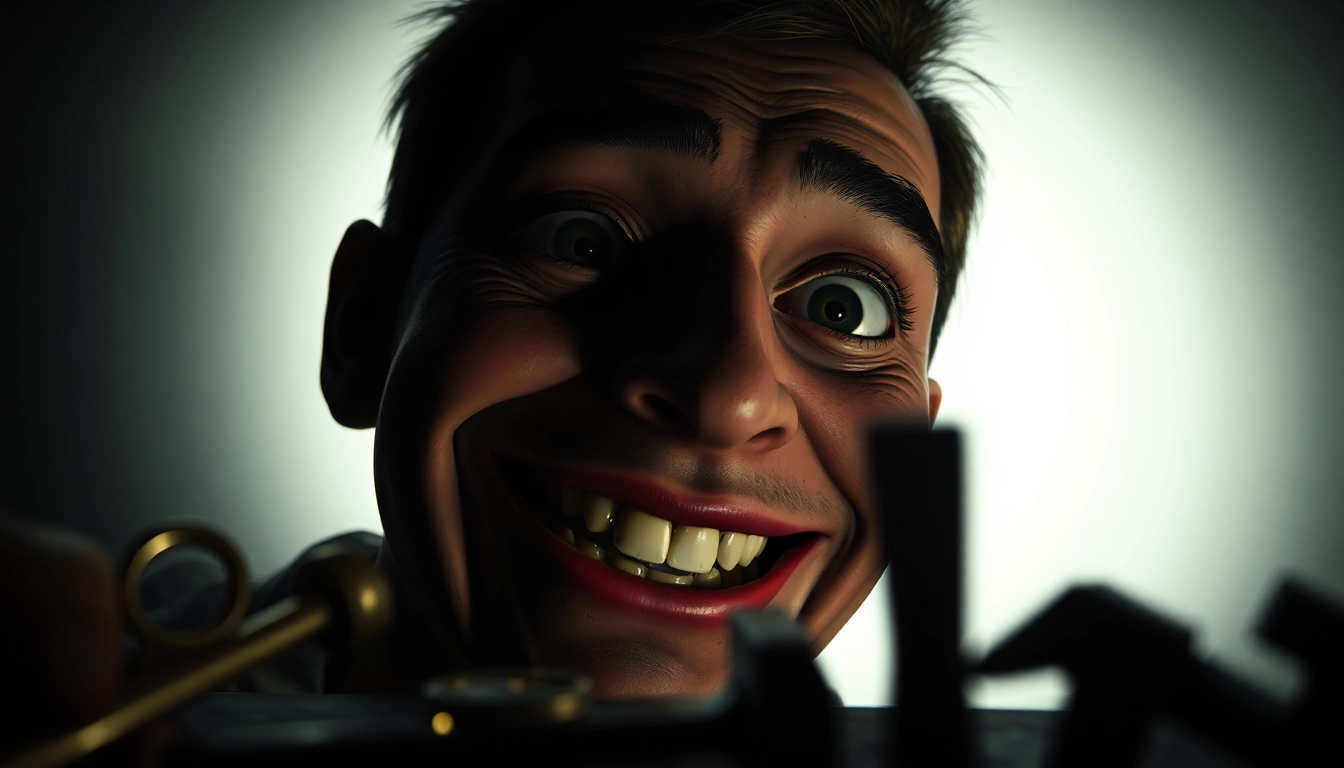 A disturbing close-up of Harvey showing fear and pain, with dark shadows and unsettling tools in the background.