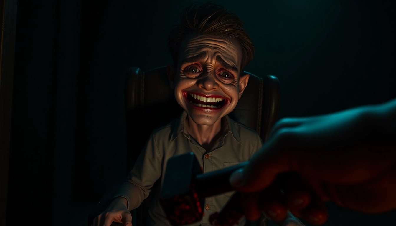 Distressed Harvey suffering as a dark room with threatening tools looms in the background.