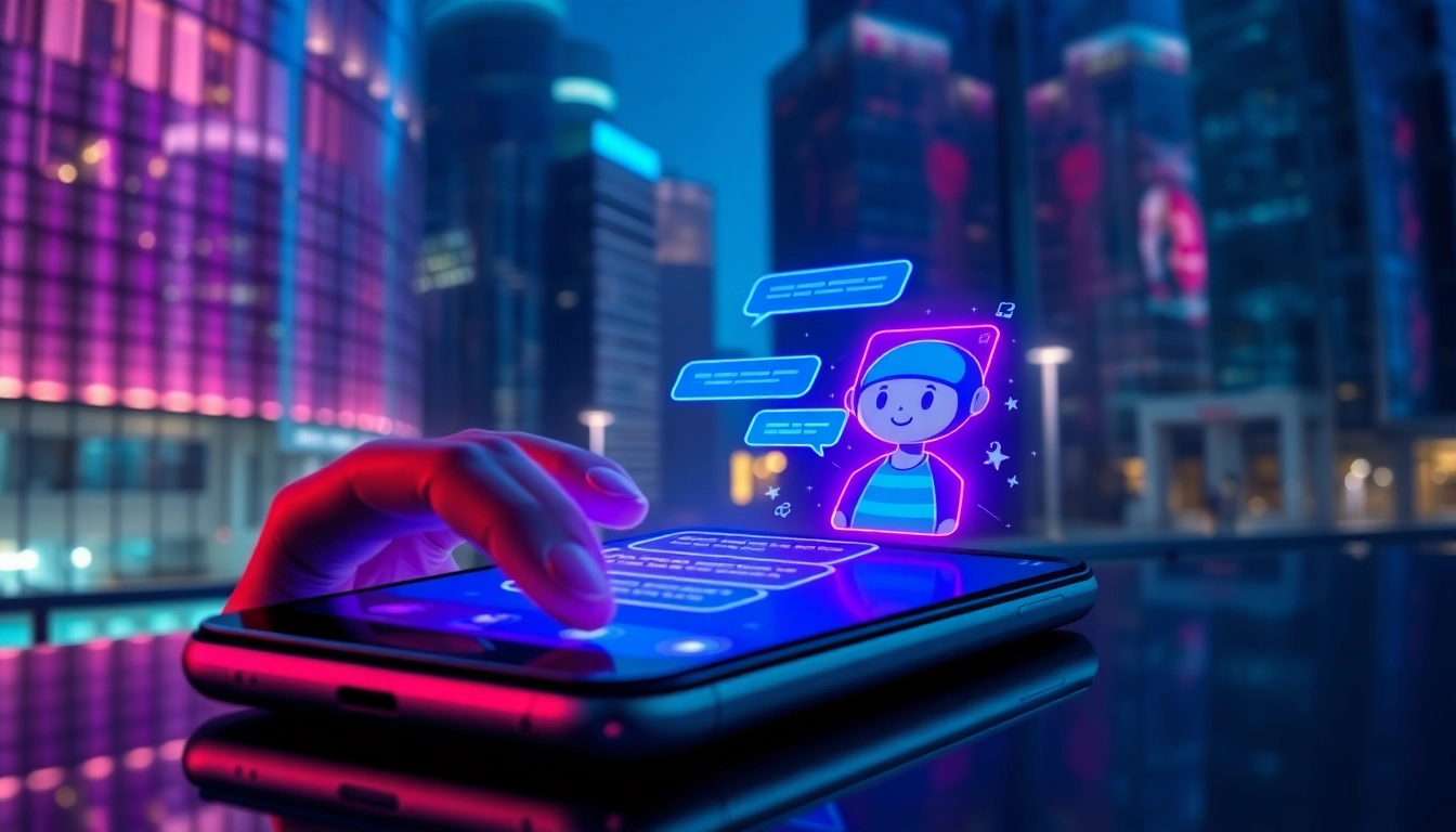 Futuristic smartphone displaying a vibrant AI chat interface with a cityscape background at night.