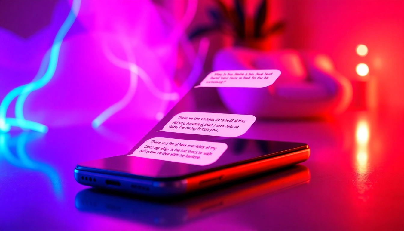Smartphone displaying a lively, colorful chat interface with a spicy conversation theme, glowing neon background.