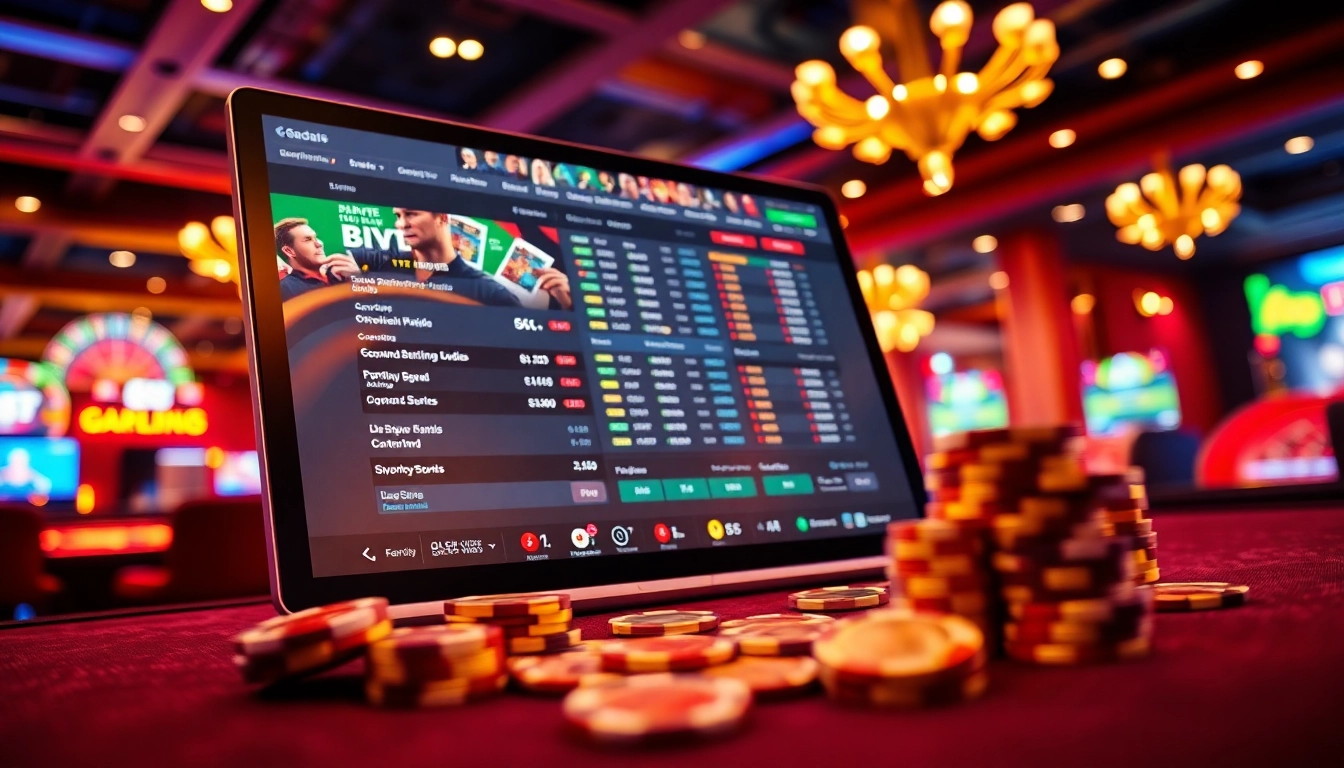 Digital sportsbook and casino interface on a modern device with lively gaming environment and vibrant colors.
