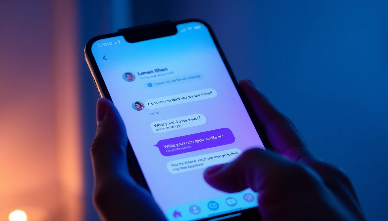 An illustration of a smartphone with a chat interface showing NSFW conversations, illuminated by a blue and purple glow in a dim environment.