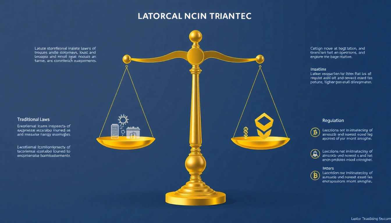 Illustration of crypto regulation concepts with legal scales, blockchain symbols, and digital