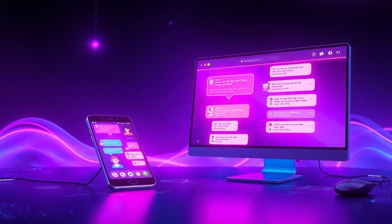 Futuristic digital chat interface with colorful speech bubbles and holographic elements on screens, representing AI conversations.