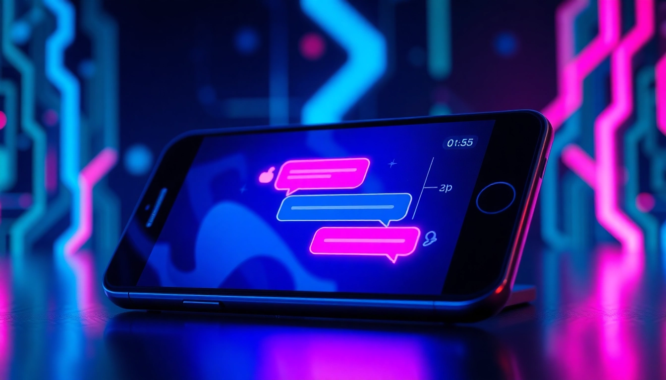 Close-up of a smartphone displaying a colorful chat interface with neon accents, representing spicy AI chat interactions.