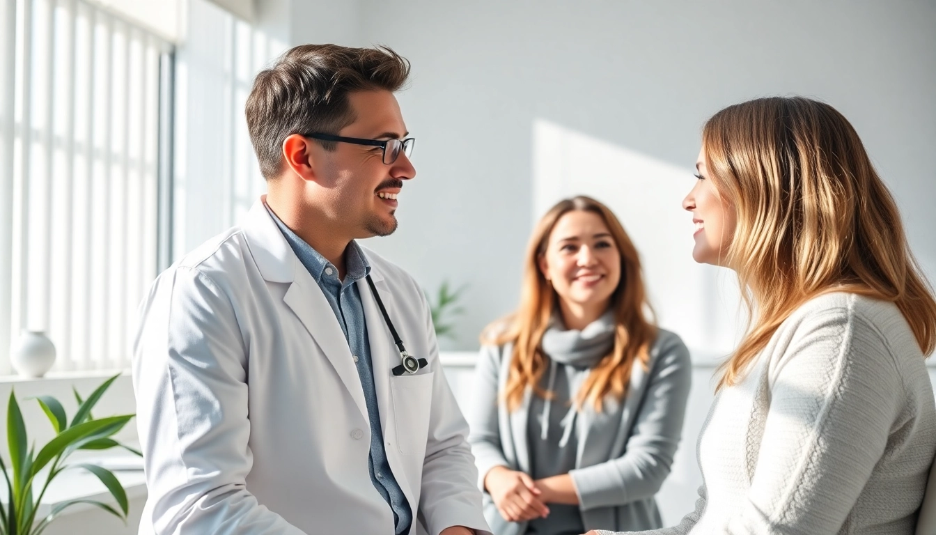 Clinica infertilita Italia modern treatment room with doctor and couple examining ultrasound results