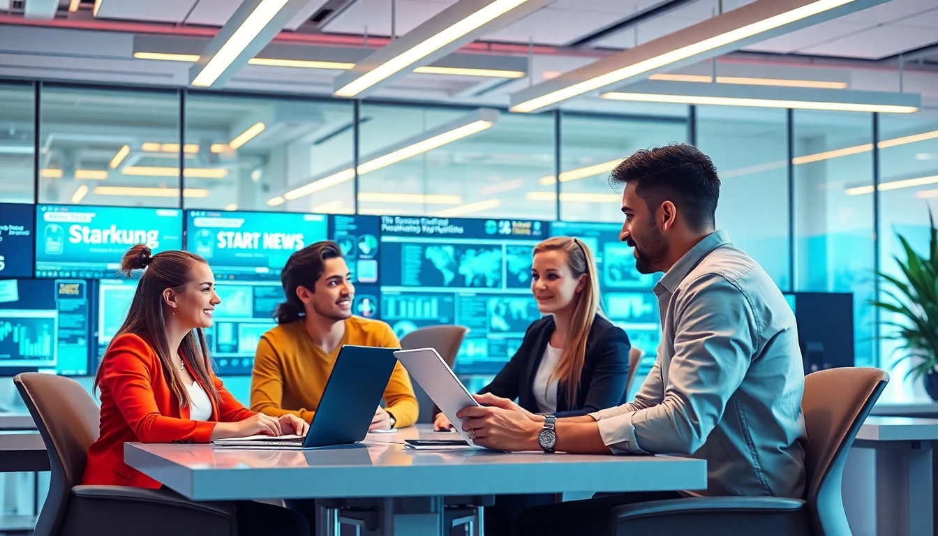 Business professionals discussing latest technology startup news in a modern workspace for tech