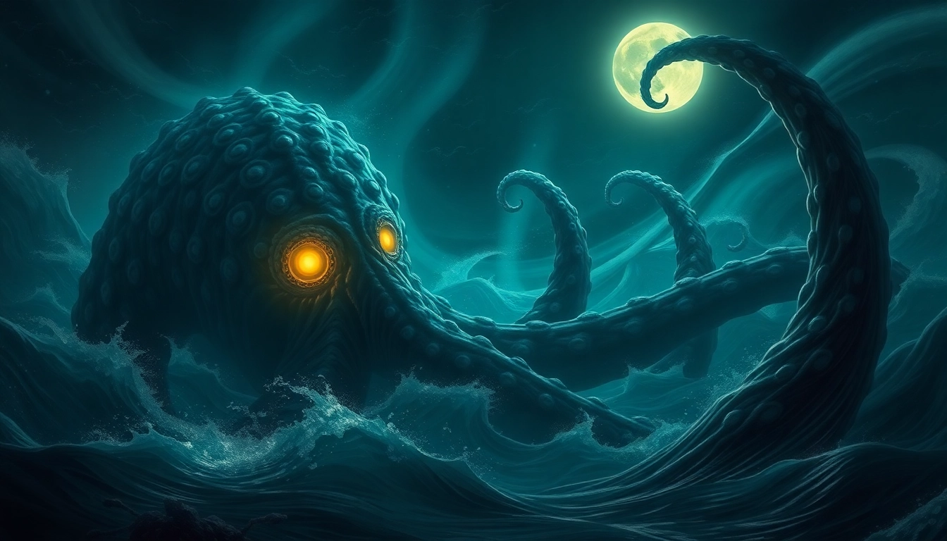 Kraken mirror showing legendary giant squid with glowing eyes and massive tentacles wrapping