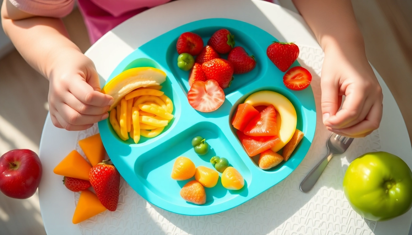 Child using silicone divided plate for self feeding with colorful foods, emphasizing safety and