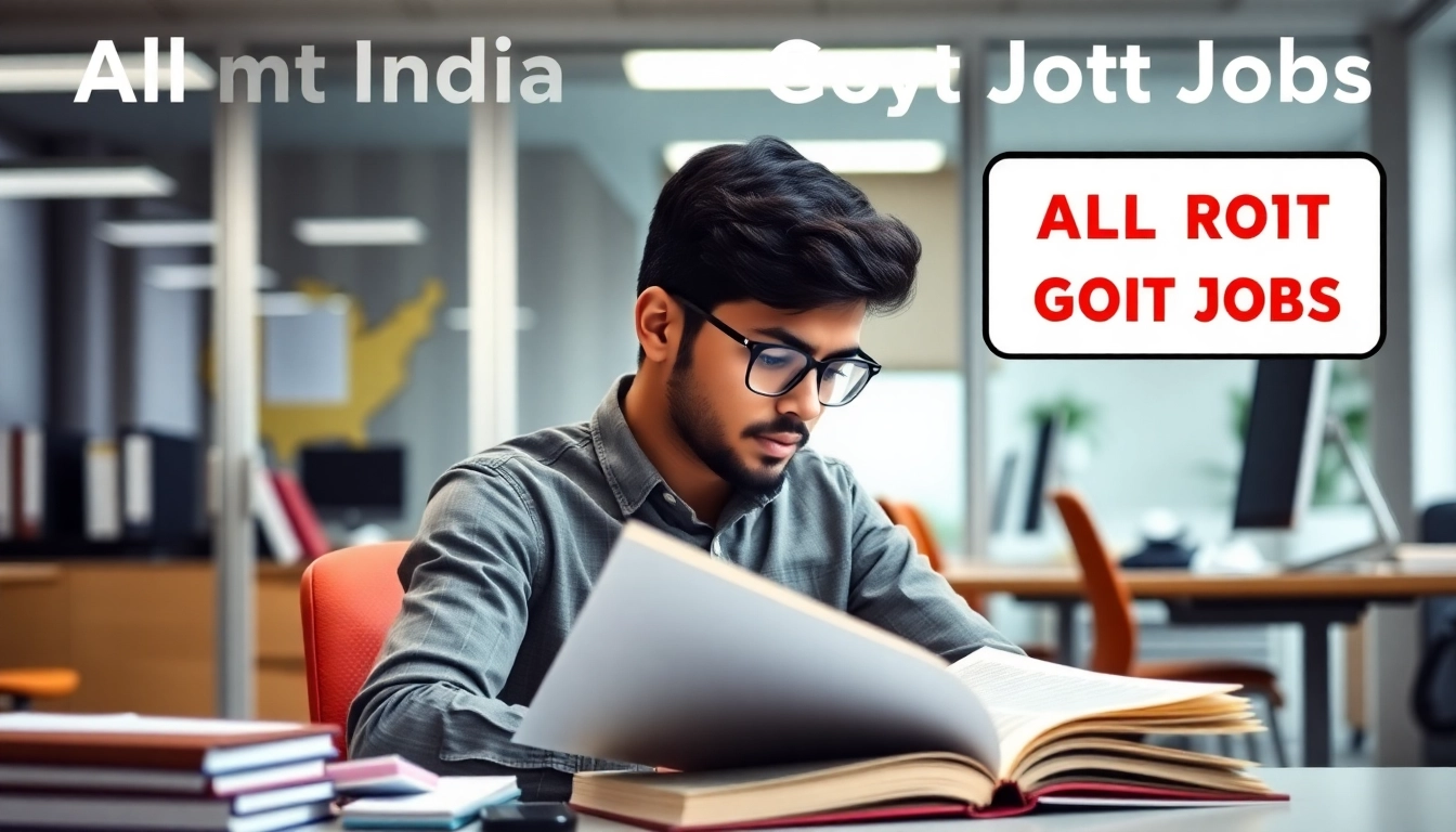 All India Govt Jobs preparation guide with students studying exam materials in a bright office