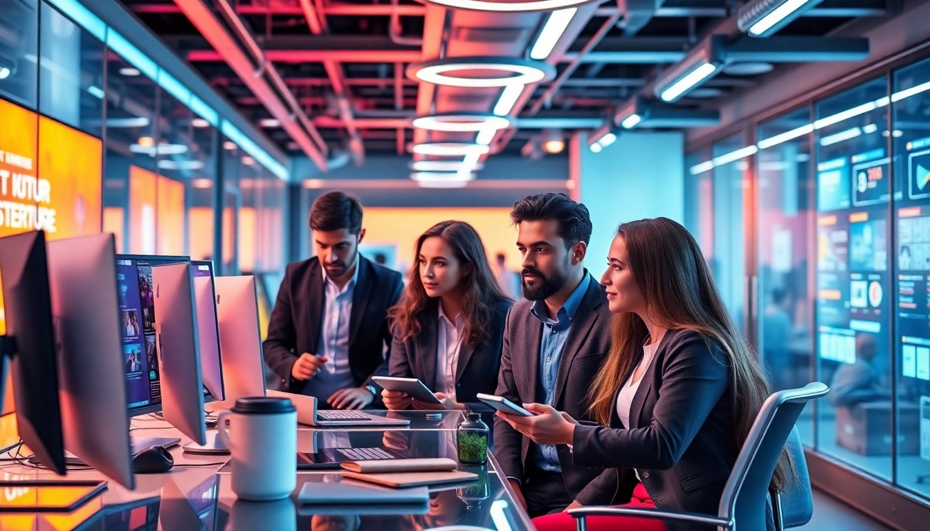 Tech entrepreneurs reviewing latest technology startup news in a modern workspace for industry