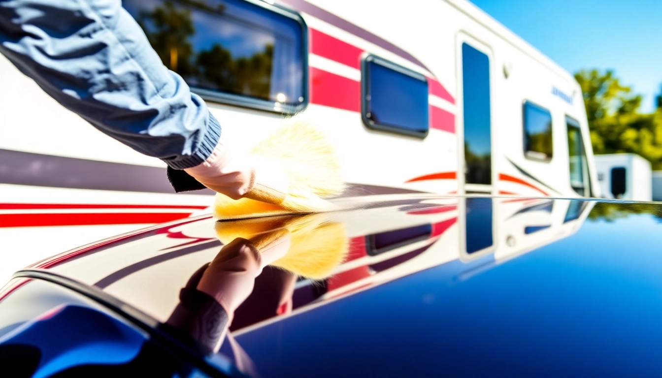 Professional applying Wohnmobil Politursiegelung to a shiny camper van in outdoor sunlight for